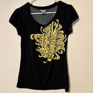 Vintage Worthington Y2K Floral Babydoll Blouse, Black and Yellow, Small